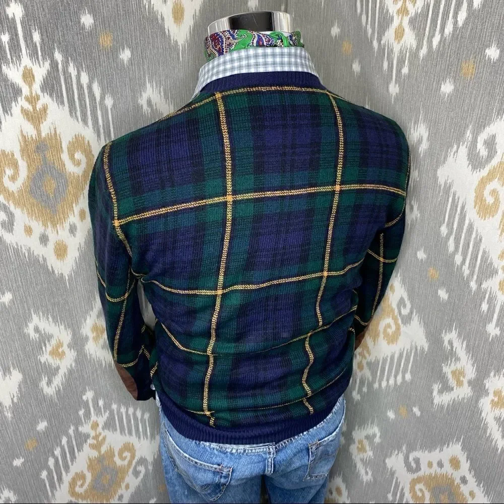 Polo Ralph Lauren ~ Tartan Plaid Merino Wool & Suede Crewneck Sweater
